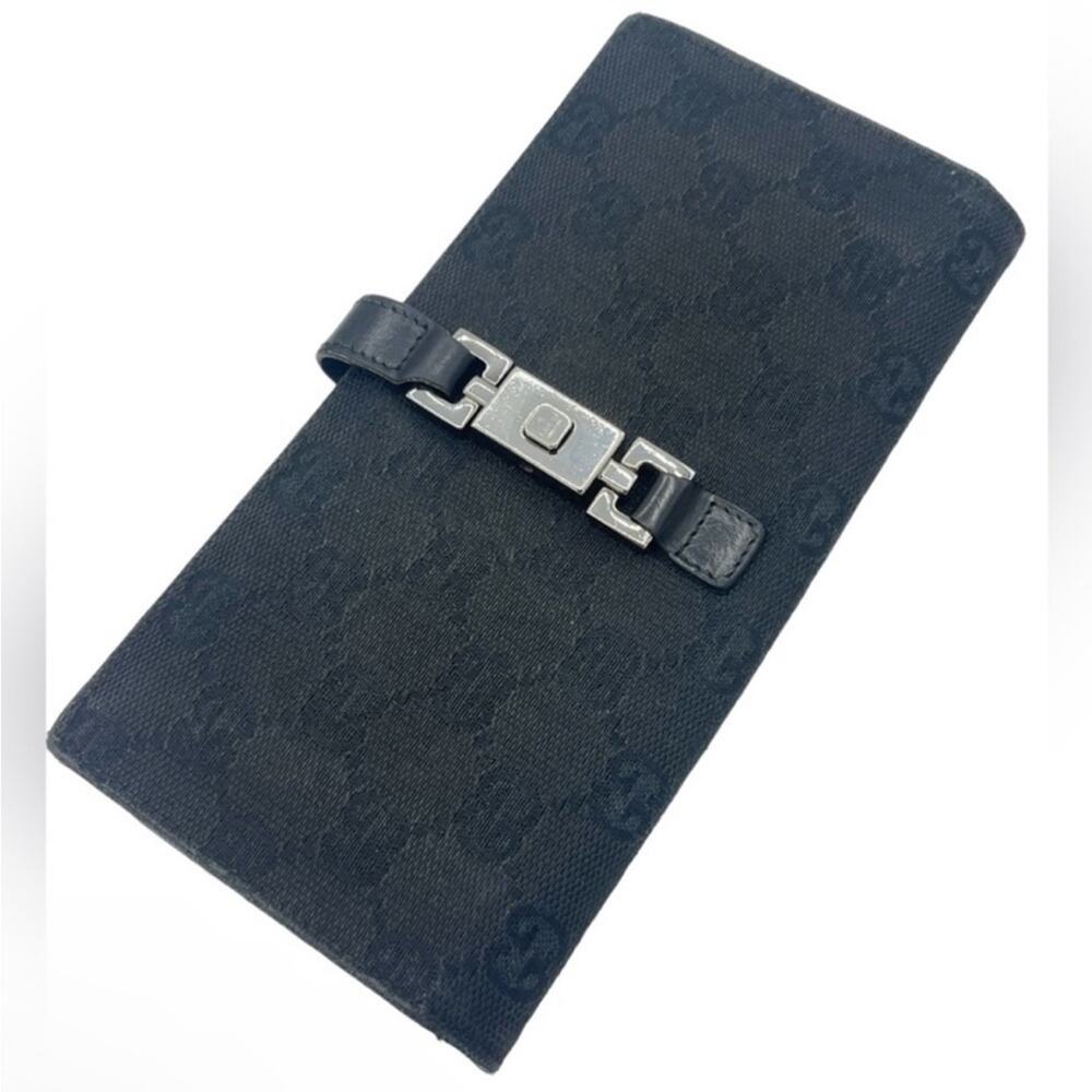 Gucci Press Button Closure Cloth Leather Black Wallet